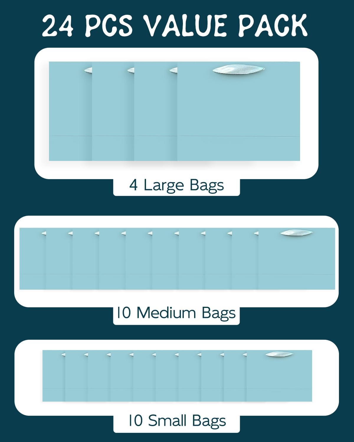 24PCS Lake Blue Gift Bags with Ribbon Handles Mulit Assorted Sizes Gift Wide Bags (4pcs Large 13", 10pcs Medium 9.6"
