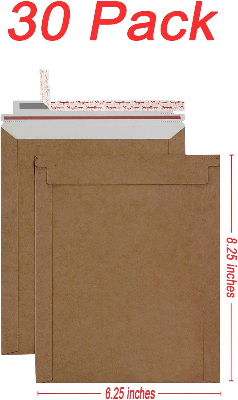 Rigid Mailers 30 Pack 6.25 x 8.25 inches Brown Self Seal Stay Flat Bulk Cardboard Kraft No Bend Mailers Peel and Seal