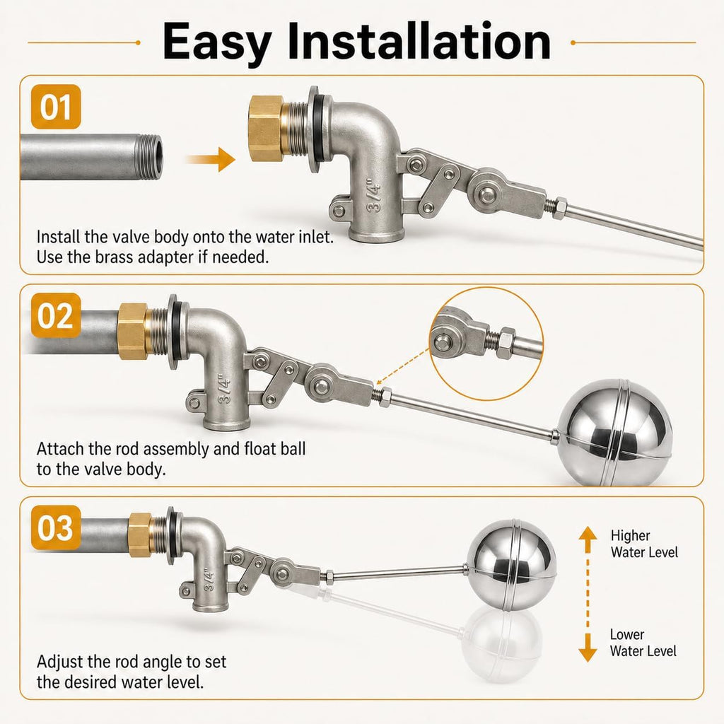 Stainless Steel Float Valve, 3/4" NPT Automatic Water Level Control Valve with 6" Float Ball, Adjustable Rod for
