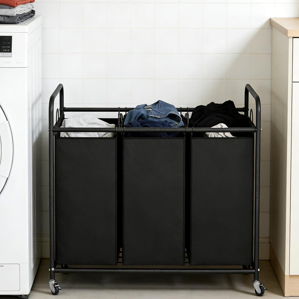 3 Section Laundry Hamper, Black Laundry Basket 135L Laundry Sorter | Laundry Room Organization with Heavy Duty
