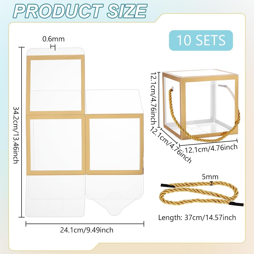 10 Sets Transparent Favor Boxes, 4.8x4.8x4.8 Inch Treat Gift Boxes with Gold Border Lace and Handle for Candy