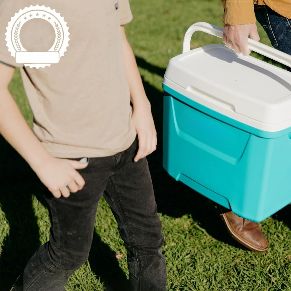28 QT Hard-Sided Ice Chest Cooler, Aqua Blue & White Insulated Foam Cooler Box, 42 Cans Large Capacity with Swing-Up