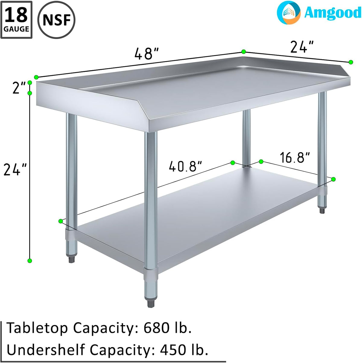 24 x 48 in. Stainless Steel Equipment Stand, 24 in. High - NSF 18-Gauge Top with Undershelf & Adjustable Feet |