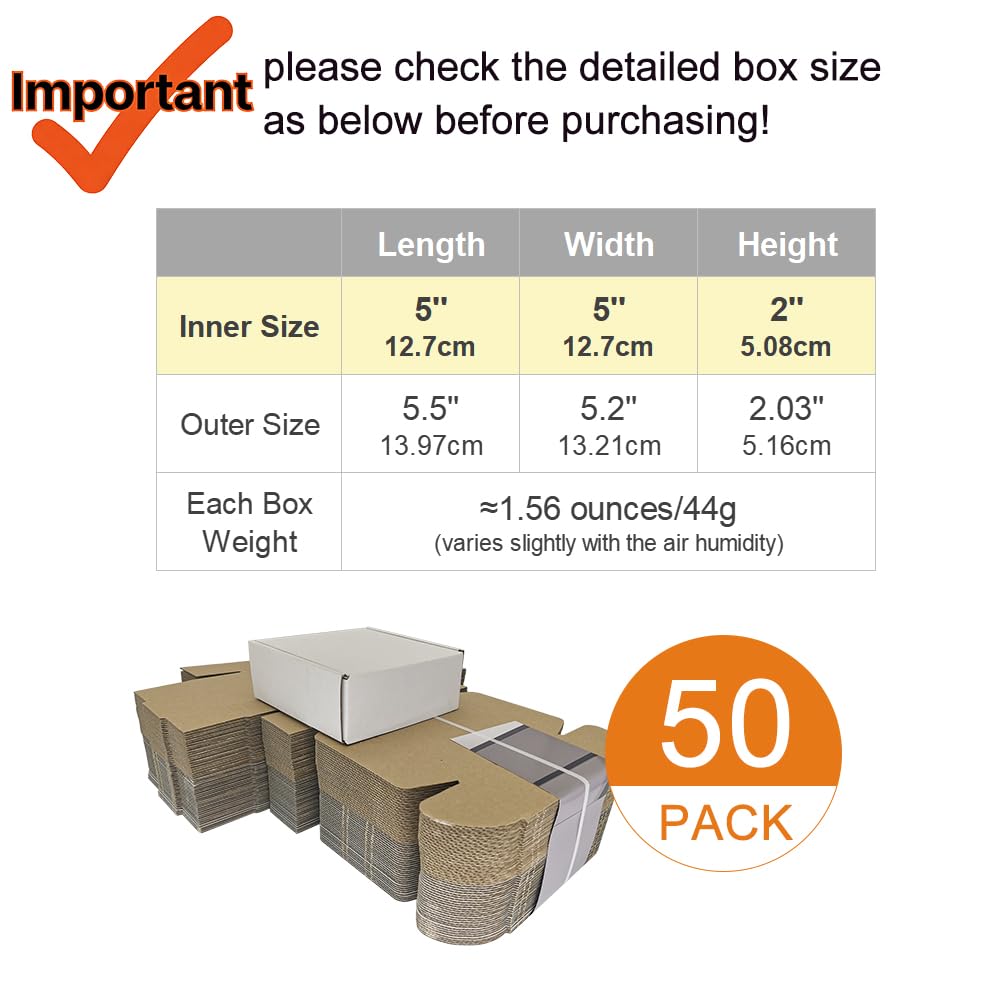 50 Pack 5x5x2'' Small Shipping Boxes, Corrugated Cardboard Mailers for Business, White (CM552)