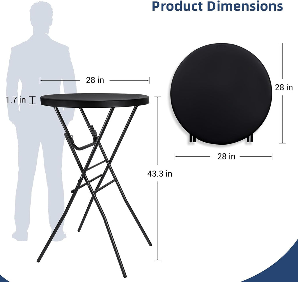 28in Folding Cocktail Table, Round Bar Height Table, Black 2-Pack