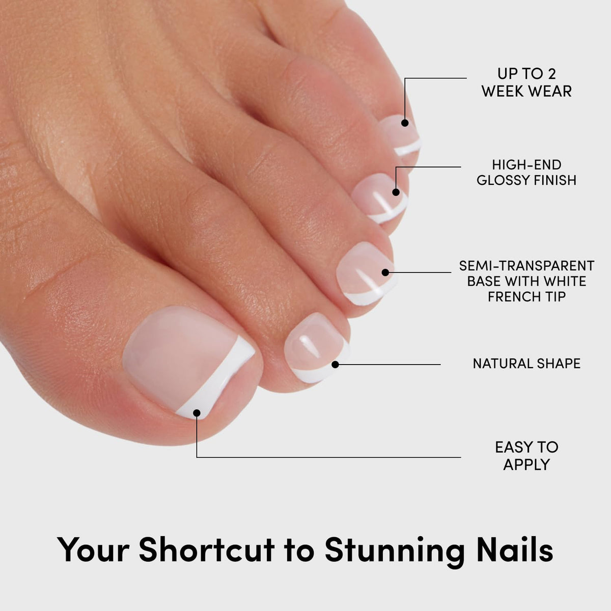 Press On Toenails - Natural, Glossy Fake Nails 32 Pc Full Kit