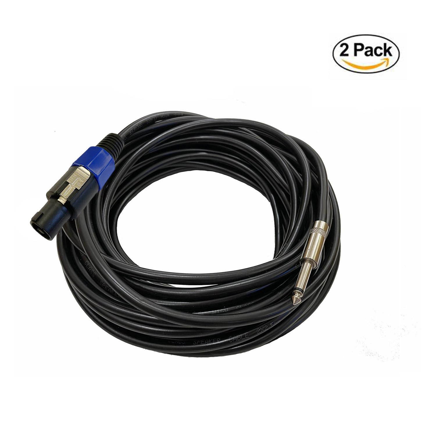 Professional 2-Pack 25 Feet 12 Gauge Speakon to 1/4 Inch TS Speaker Cables | Heavy duty, low resistance, no signal