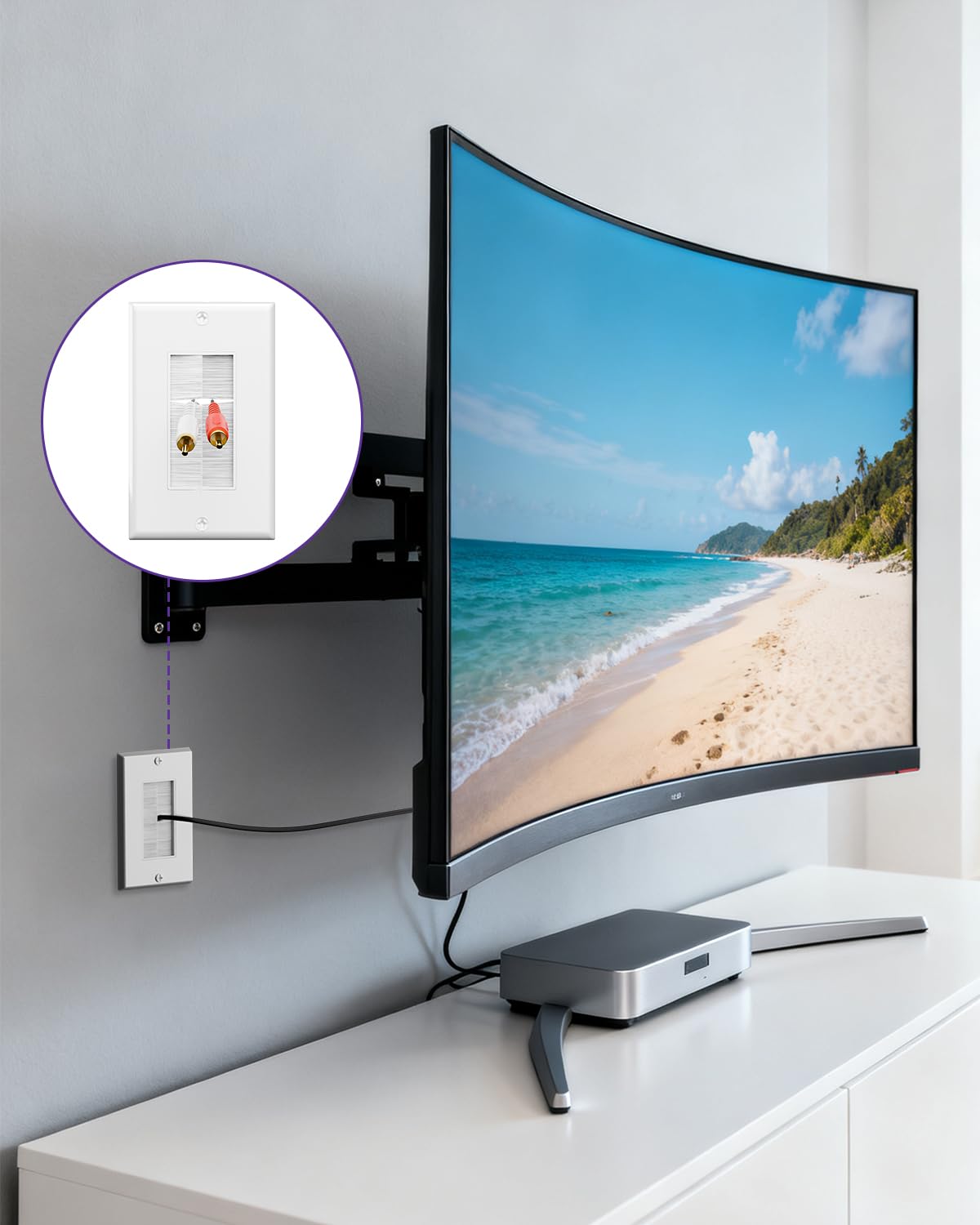 VCE Brush Wall Plate Cable Pass Through with Bracket, White, 4-Pack