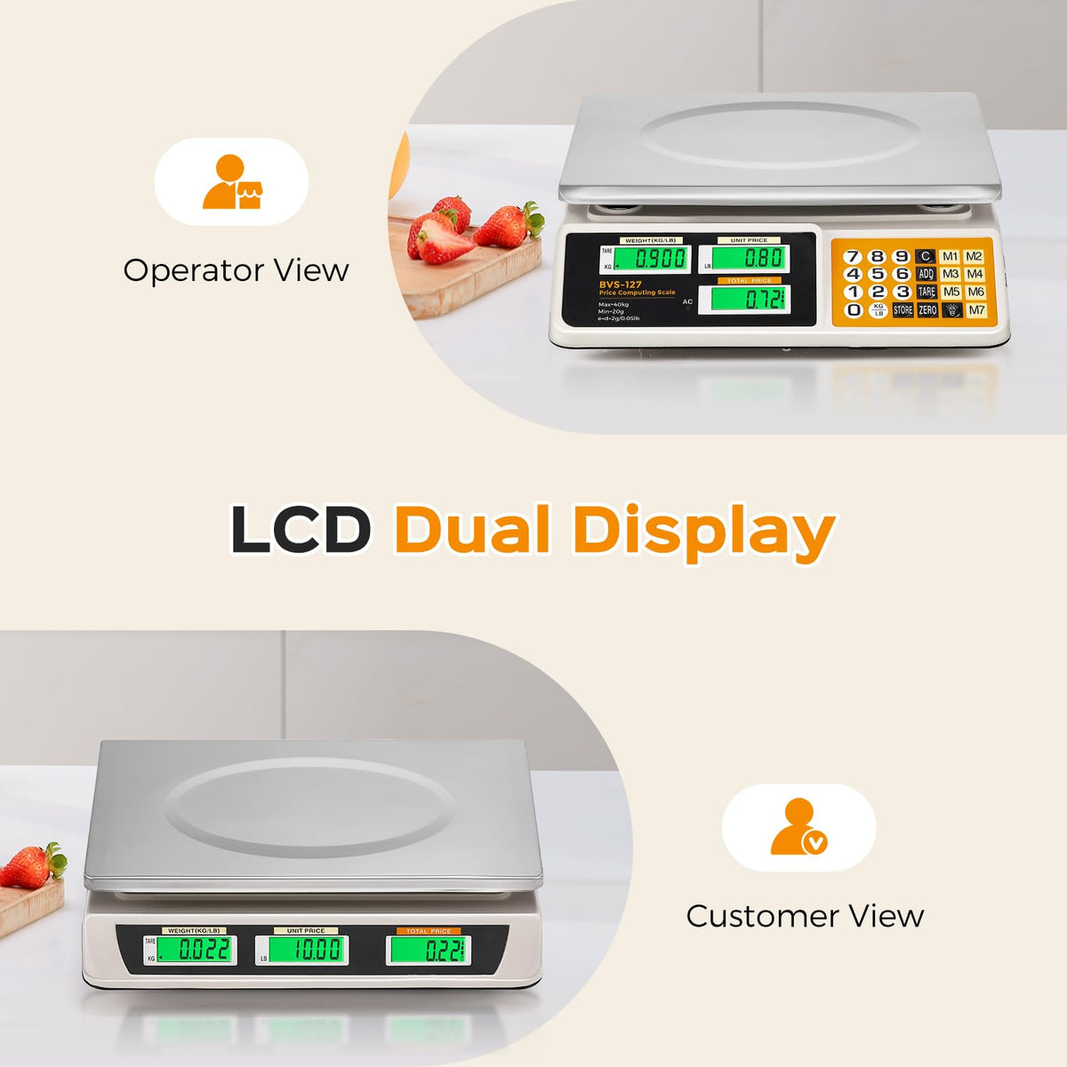 Price Computing Scale 88lb/ 40kg, Commercial Food Weighing Scale 2g Division, Rechargeable Produce Deli Scale with