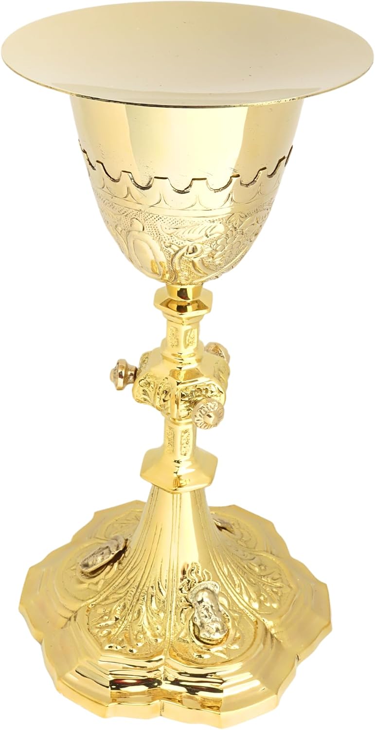 Embossed Brass Chalice and Paten Set, Catholic Church Communion Supplies, 9.5 x 5.5 Inch Goblet with 5” Diameter Plate