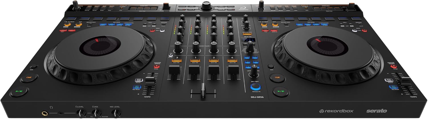 DDJ-GRV6 4-Channel DJ Controller, Groove Circuit, Black | Club-Standard Layout, Full-Size Jog Wheels, rekordbox and