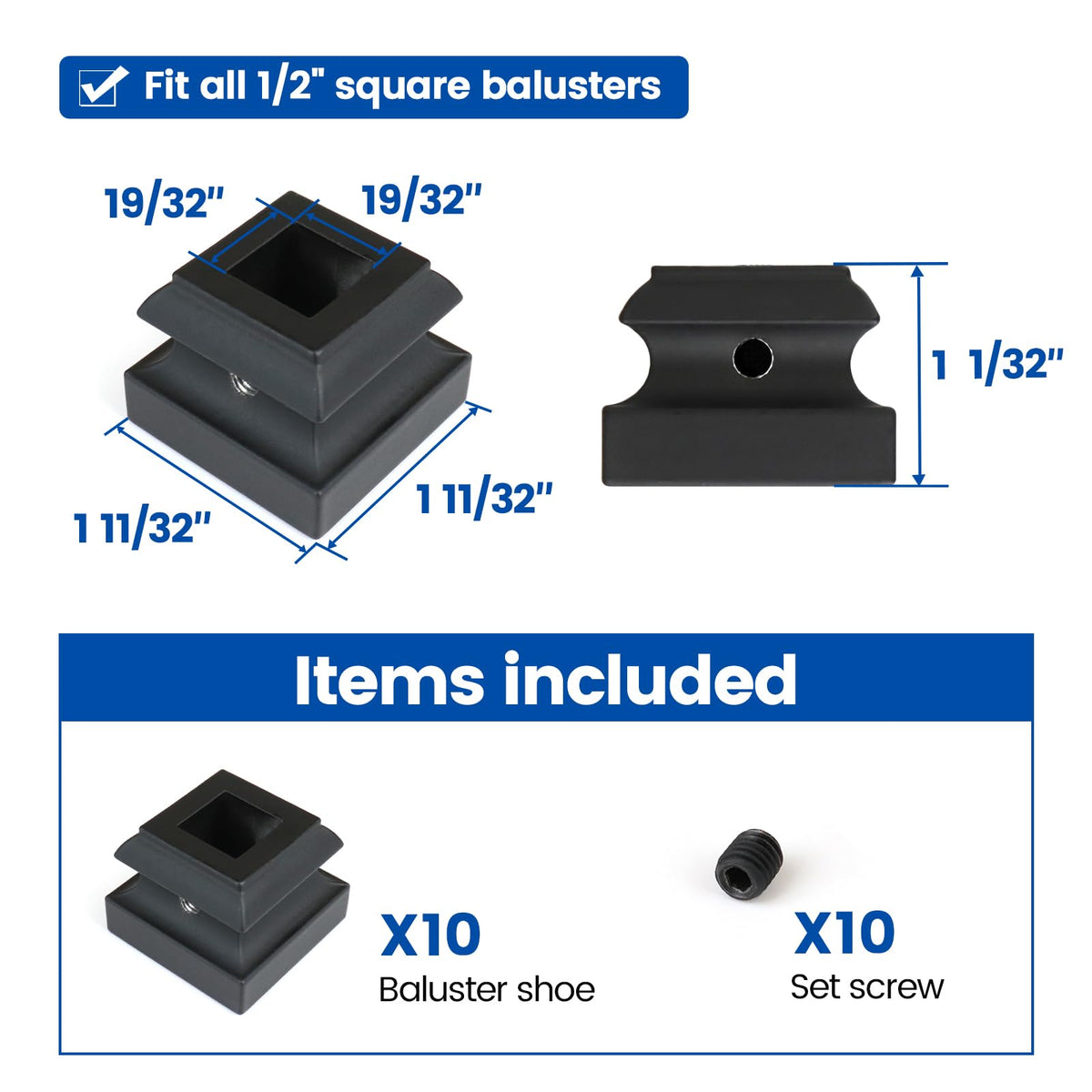 10 Pack Flat Baluster Shoes with Screw for 1/2" Square Baluster WT10