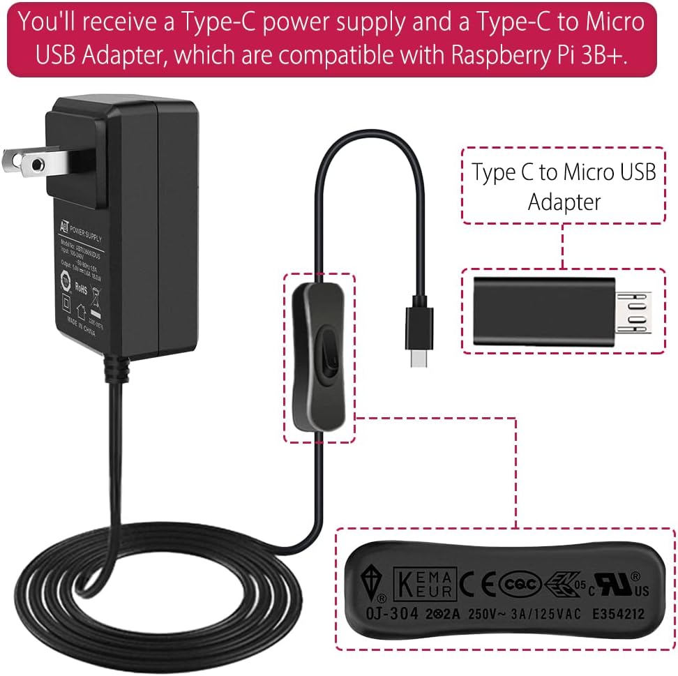 GeeekPi 18W 5V 3.6A Power Supply for Raspberry Pi 4/Orange Pi 5&5B, Type C with ON/Off Switch and Micro USB Adapter