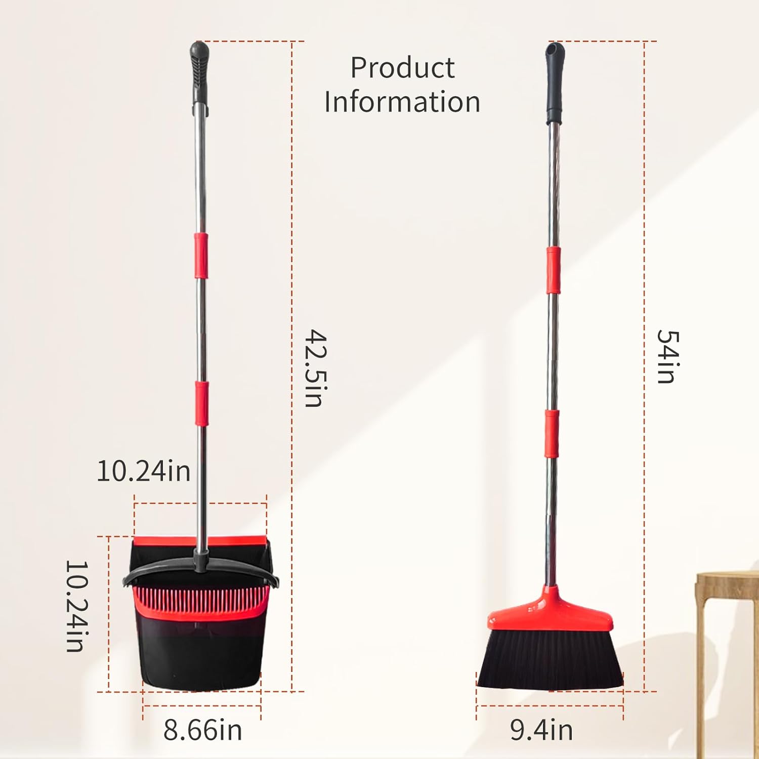 Broom with Dustpan Combo Set 54" Long Handle Adjustable Length Stainless Steel Broomstick Standing Dust Pan and Broom