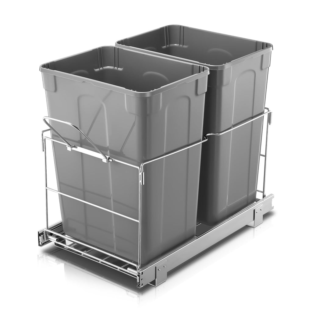 Pull Out Trash Can Under Cabinet, 35 QT Double Under Sink Trash Can Waste Container with with Chrome Wire Bottom