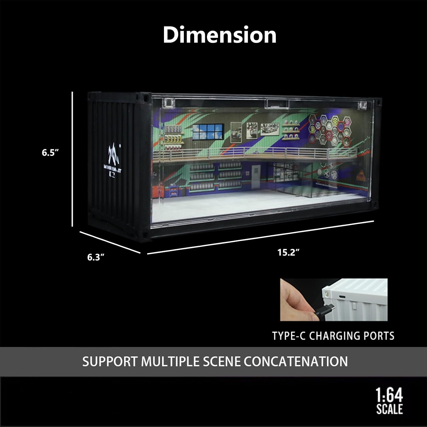 1/64 Scale Display Case with LED Light–Container Box Style Garage Diorama | Compatible with Hot Wheels Matchbox Mini