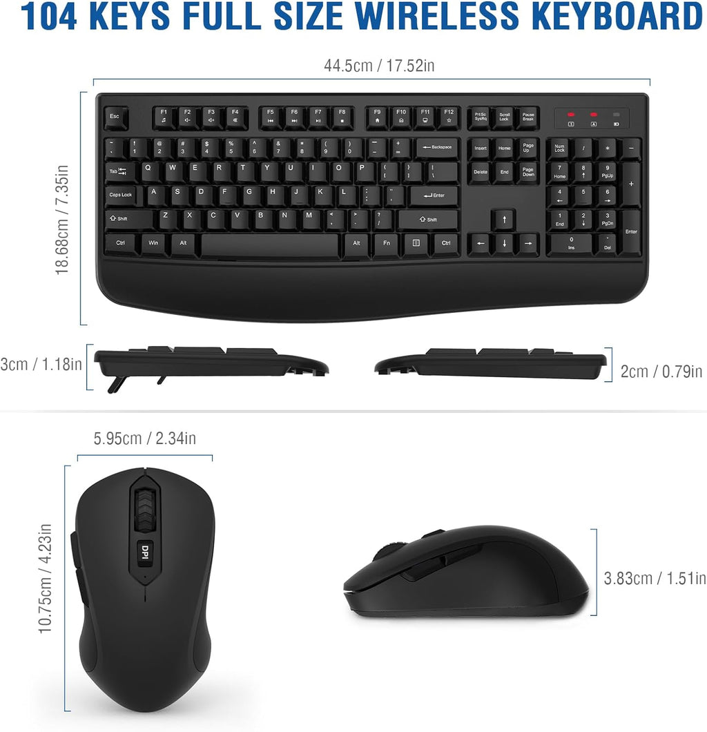 Wireless Keyboard and Mouse Combo, EDJO 2.4G Full-Sized Ergonomic Computer Keyboard with Wrist Rest and 3 Level DPI
