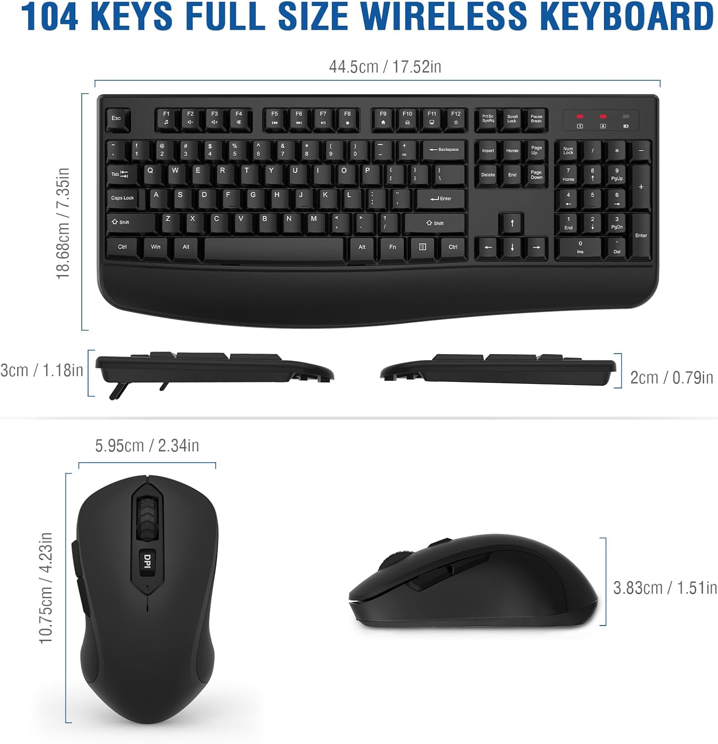 Wireless Keyboard and Mouse Combo, EDJO 2.4G Full-Sized Ergonomic Computer Keyboard with Wrist Rest and 3 Level DPI