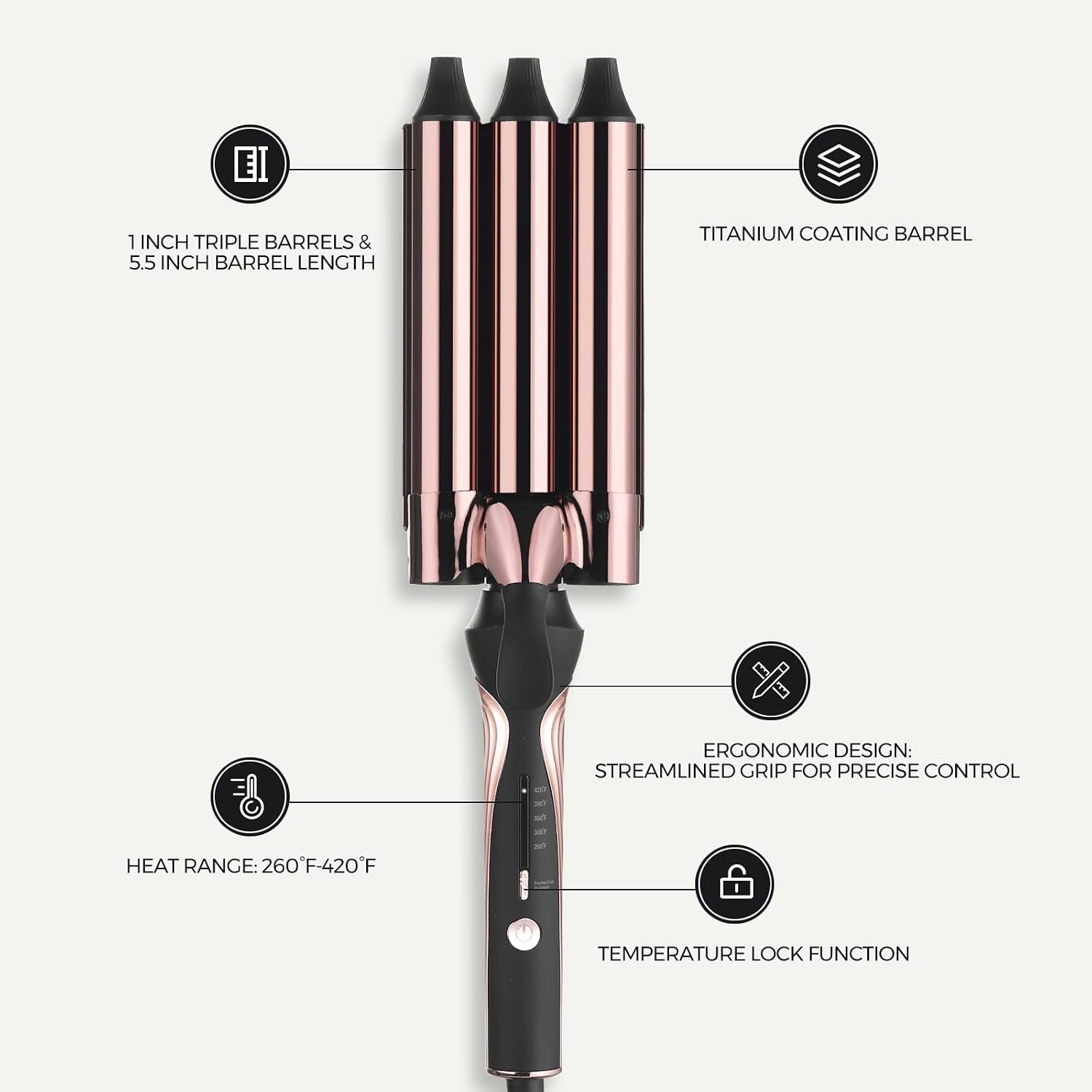 3 Barrel Titanium Curling Iron, Hair Crimper for Beach Waves | 1 Inch Triple Barrel, 5 Heat Settings Up to 410°F