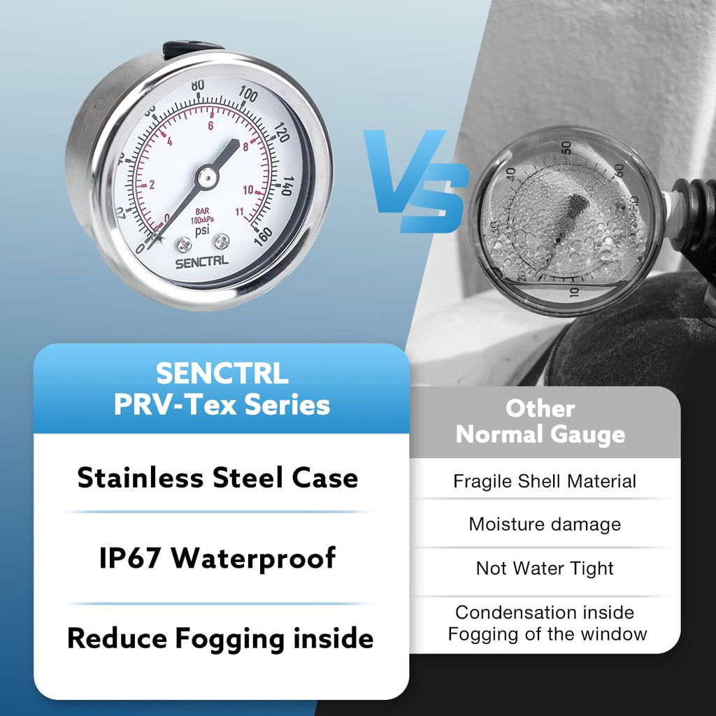 SENCTRL 0-160 Psi Pressure Gauge, 1/4" NPT Back Mount