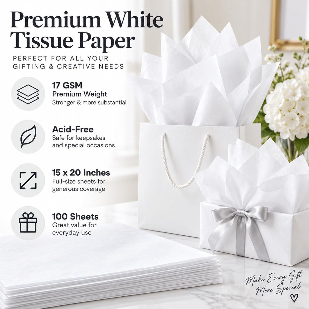 White Tissue Paper, 100 Sheets, 15 x 20 Inches, Gift Bags & Wrapping