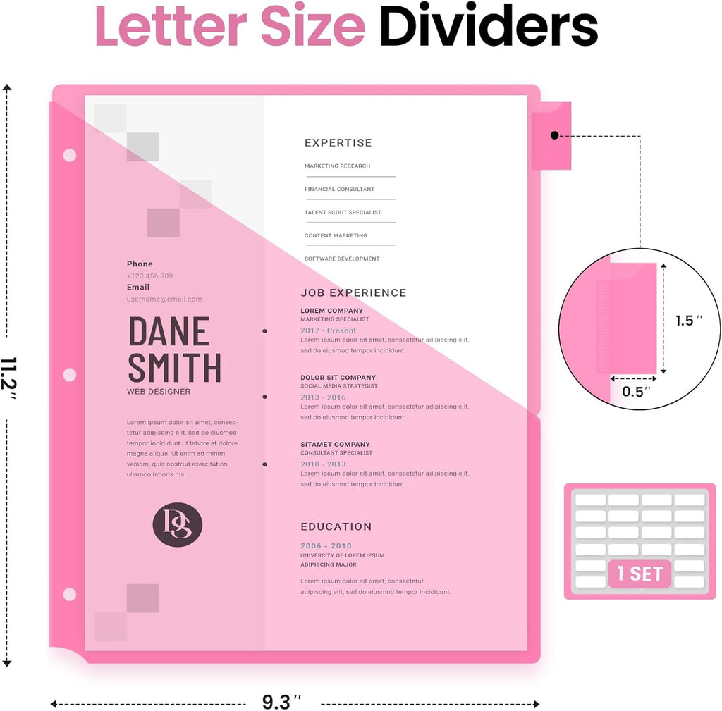 16 Count Dividers for 3 Ring Binder with Two Pockets, 8 Tabs Set | Plastic Binder Index Dividers, Perfect for Office