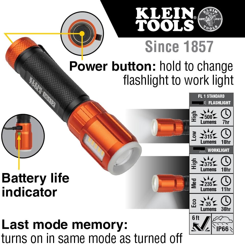 Klein Tools 56412 Rechargeable LED Flashlight with Flood Light, 500 lumens, USB-C Rechargeable, Pocket Clip, Magnet