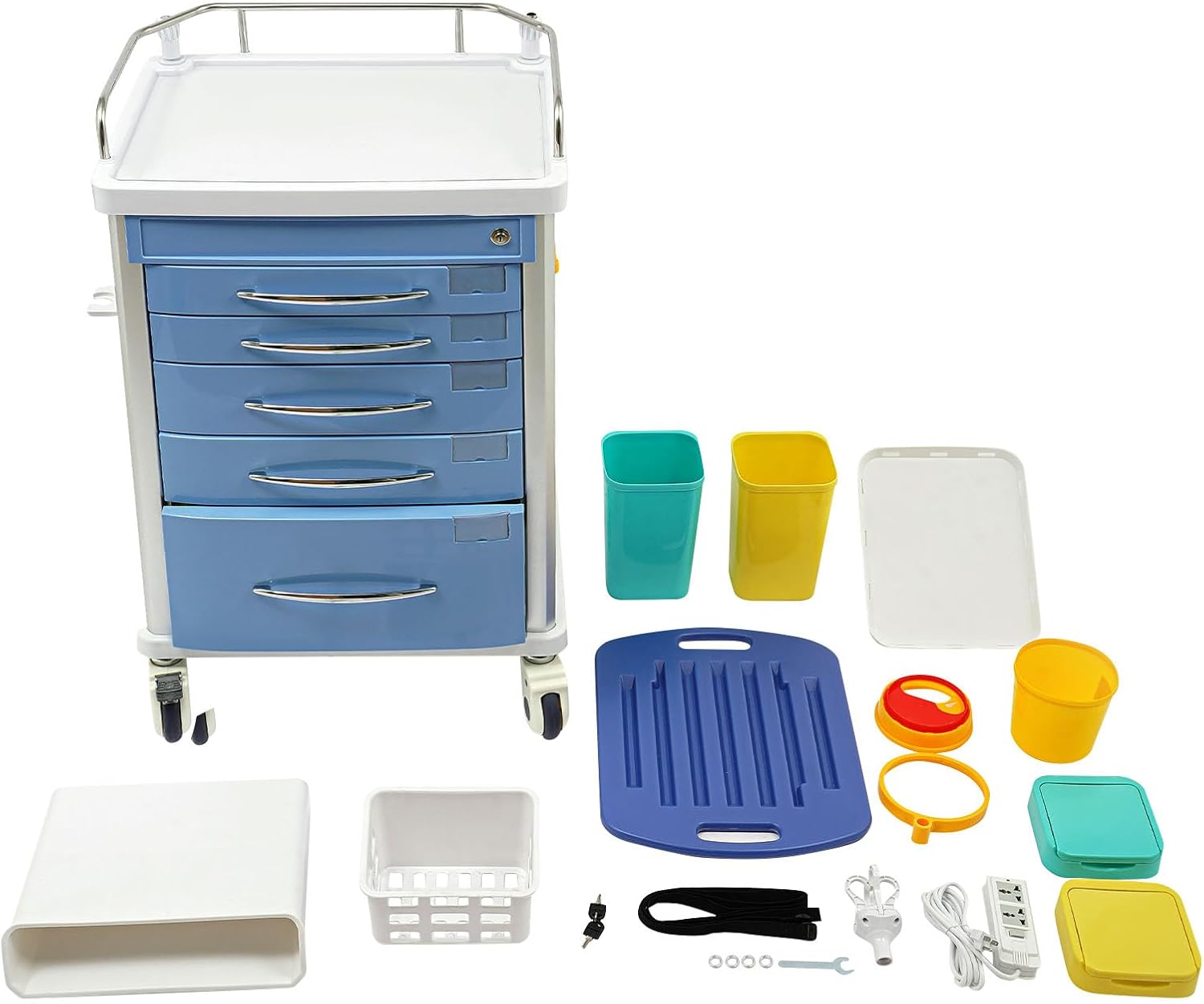Rolling Crash Cart with Drawers & Adjustable IV Pole, Silent Casters, Needle Disposal Holder, Trash Bin, O2 Holder