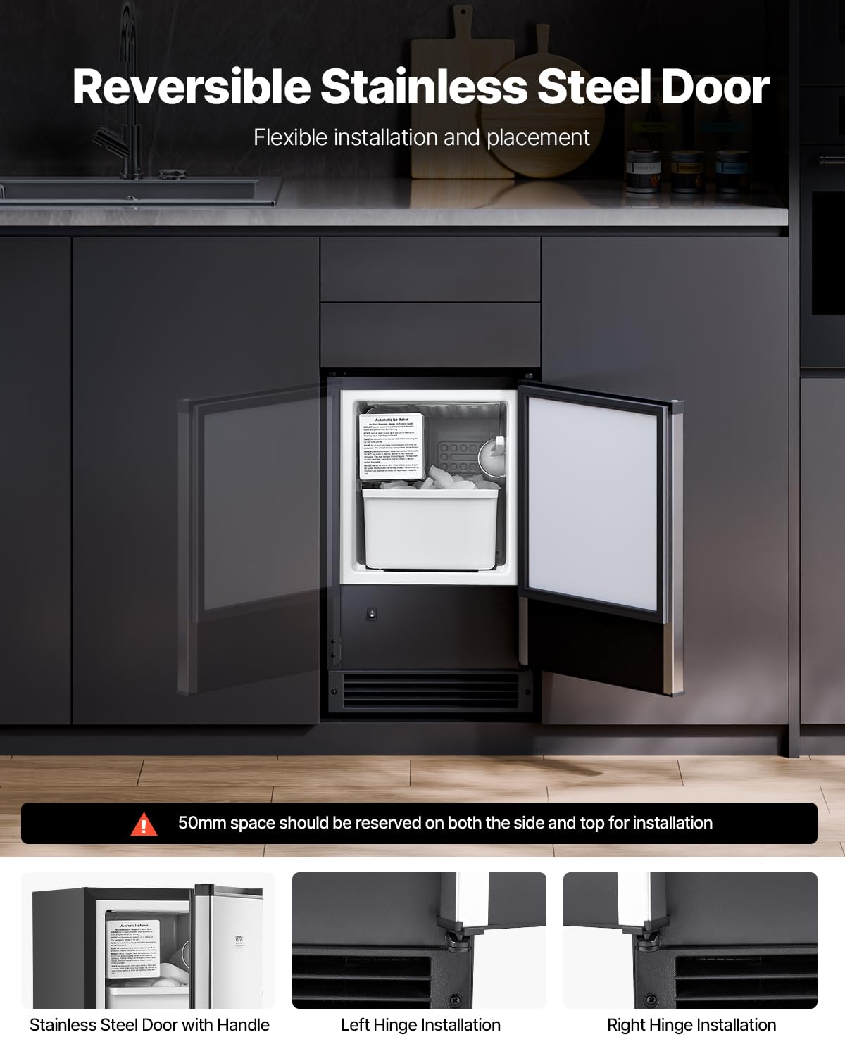 Undercounter Built-in Ice Maker, 15 Lbs/Day Under Counter Ice Maker Machine with Reversible Door Stainless Steel