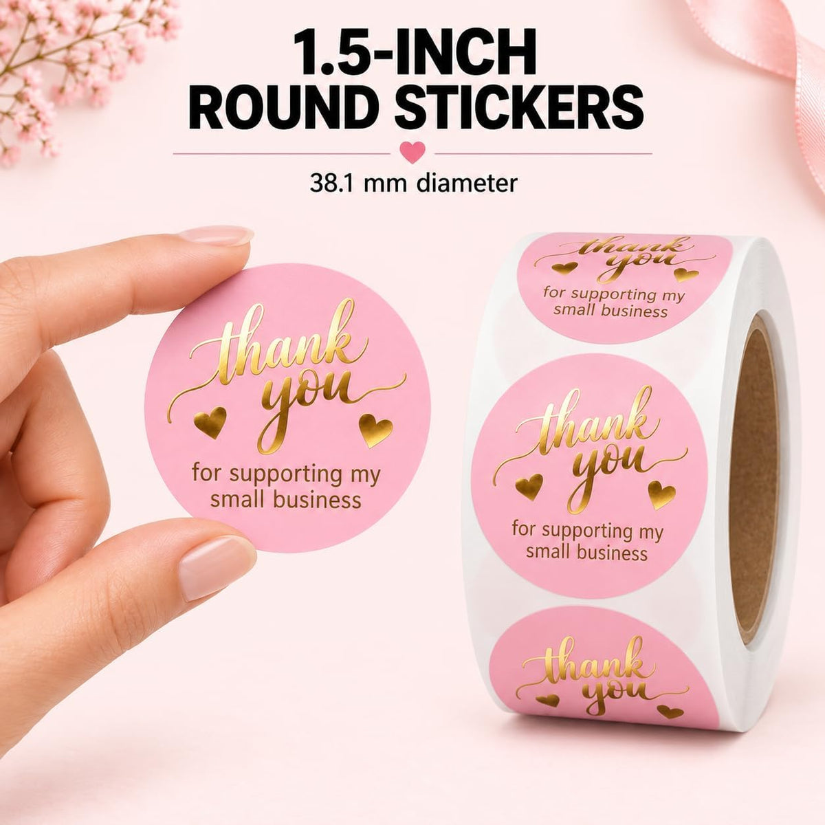Pink Thank You Stickers, 500, 1.5” Round, Gold Foil