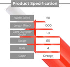 Orange Stretch Wrap, 20 Inch x 1000 Feet/Roll, 80 Gauge, 4 Pack
