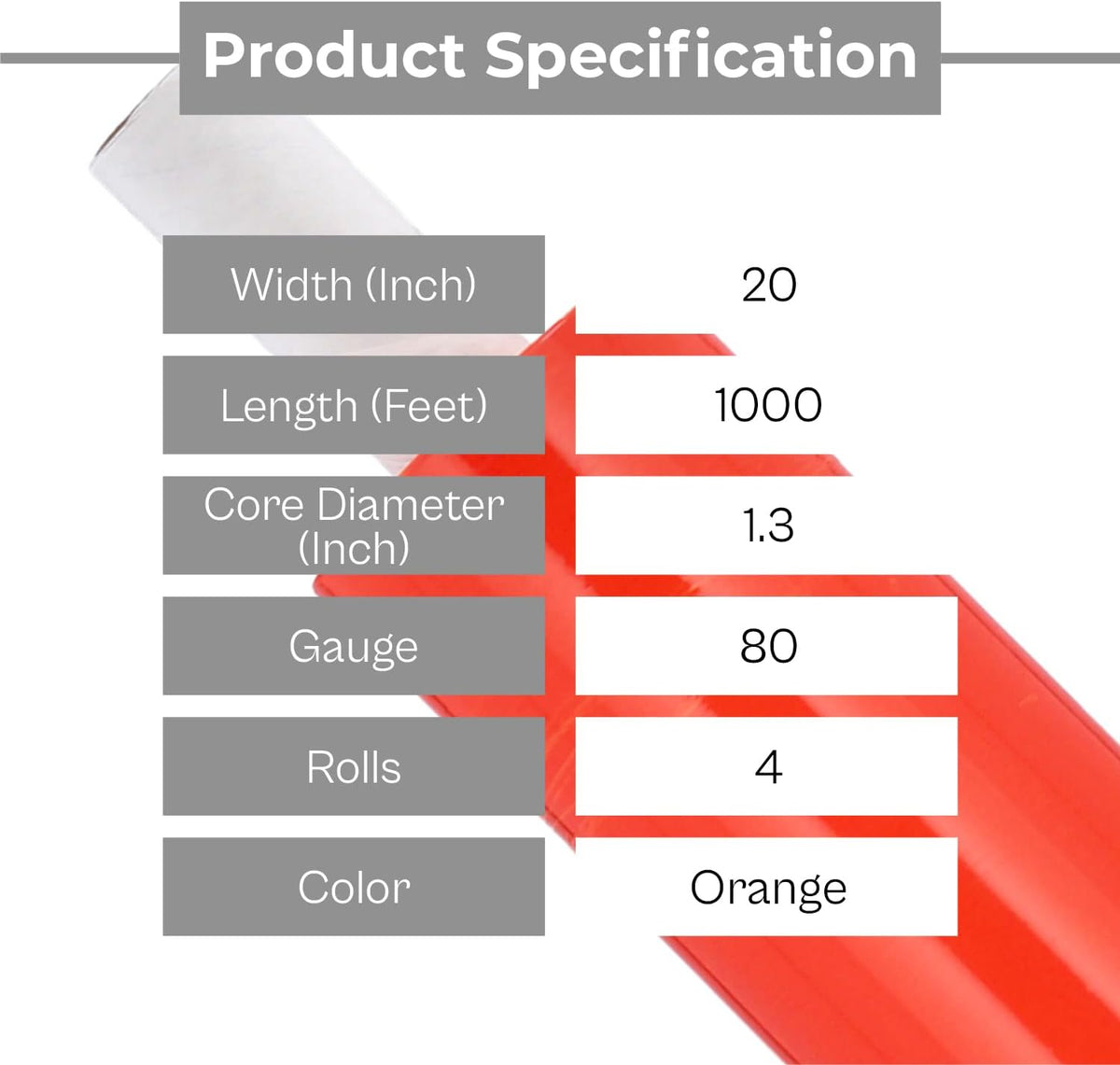 Orange Stretch Wrap, 20 Inch x 1000 Feet/Roll, 80 Gauge, 4 Pack