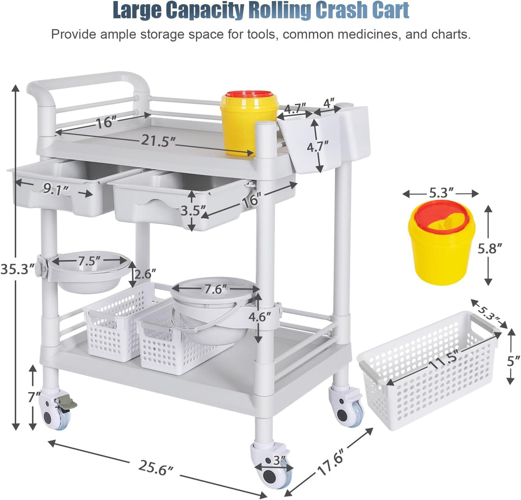 Medical Carts with Wheels 2 Tier Mobile Esthetician Cart 220 LBS Load Hospital Trolley Cart for Ultrasound Scanner