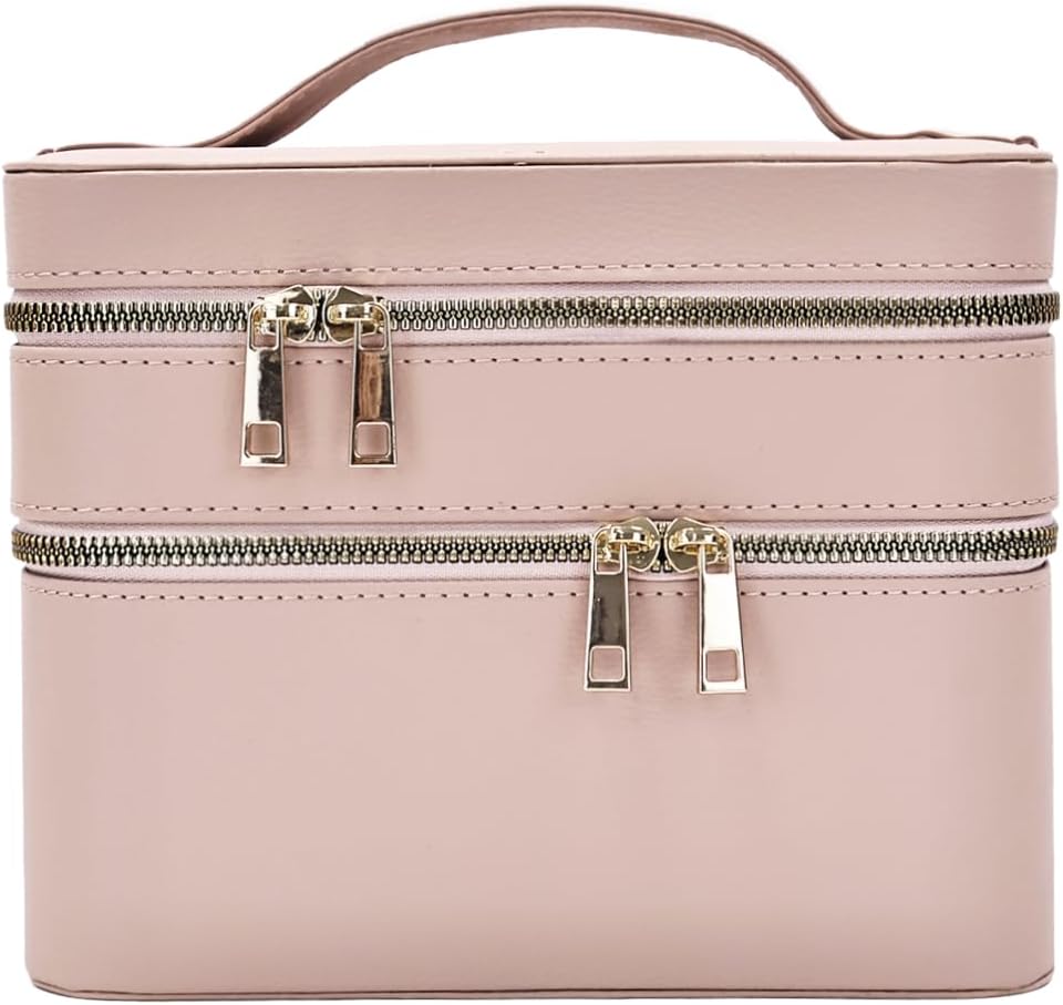 Hard Makeup Case Travel Double Layer with Mirror PU Leather for Women | Organized Storage Boxes, Sturdy & Protective