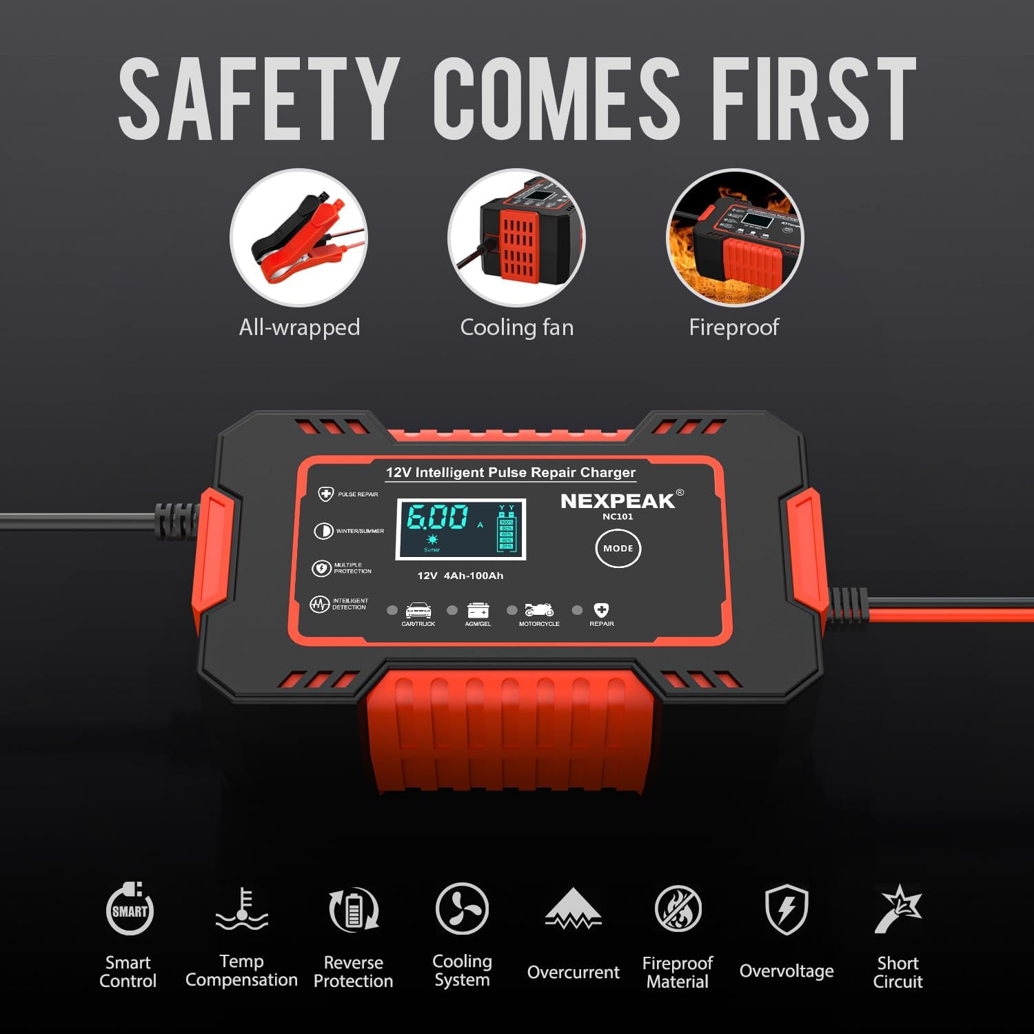 Car Battery Charger, 12V 6A Smart Battery Trickle Charger Automotive Battery Maintainer Desulfator with Temperature