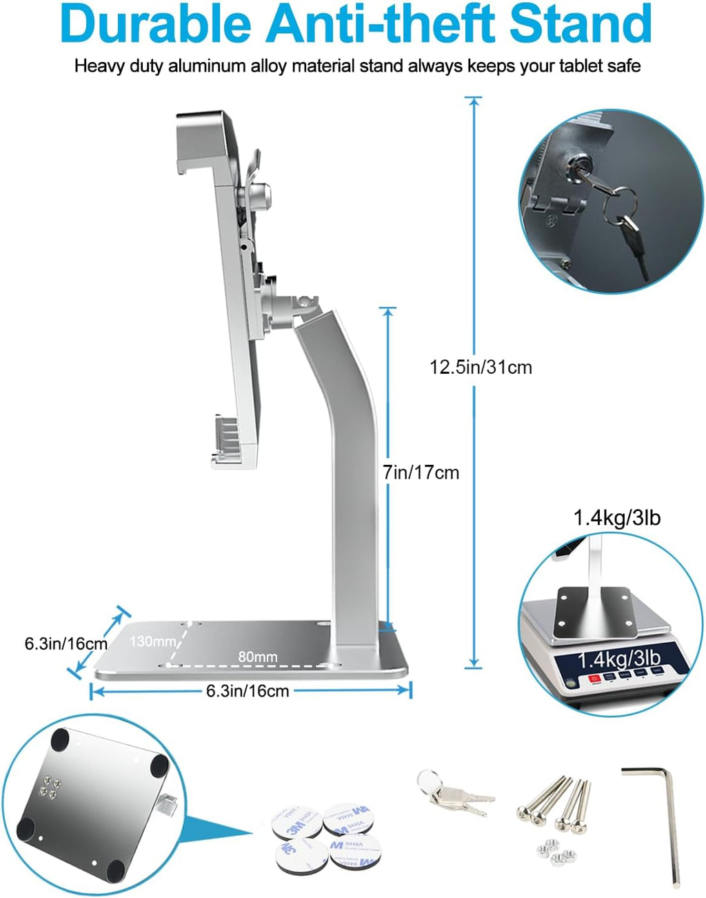 iPad Kiosk Stand, Anti-Theft Tablet POS Holder Desk Mount with Security Lock & Key, Heavy Duty Base & 360° Rotation