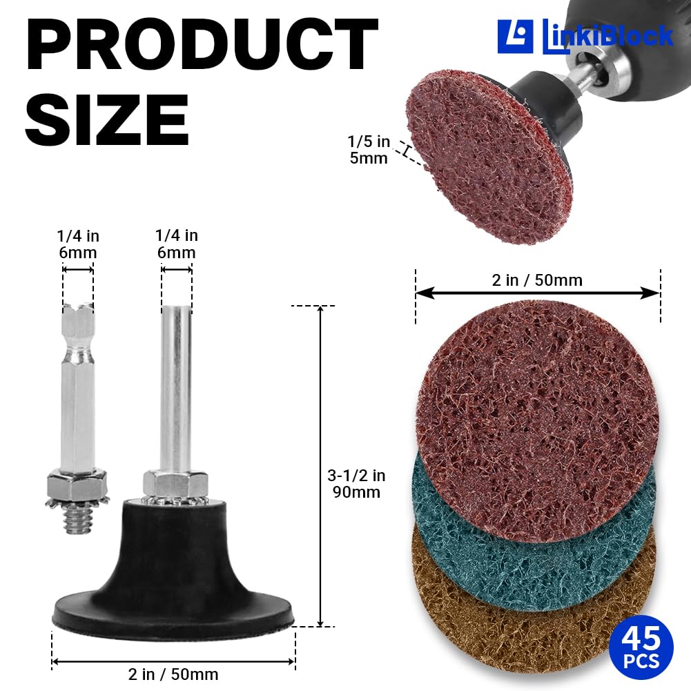 45Pcs 2 inch Nylon Surface Conditioning Quick Change Sanding Discs R-Type with Adapter & Backing Pad（Brown Coarse,Maroon Medium & Blue Fine,15 Disc Each）