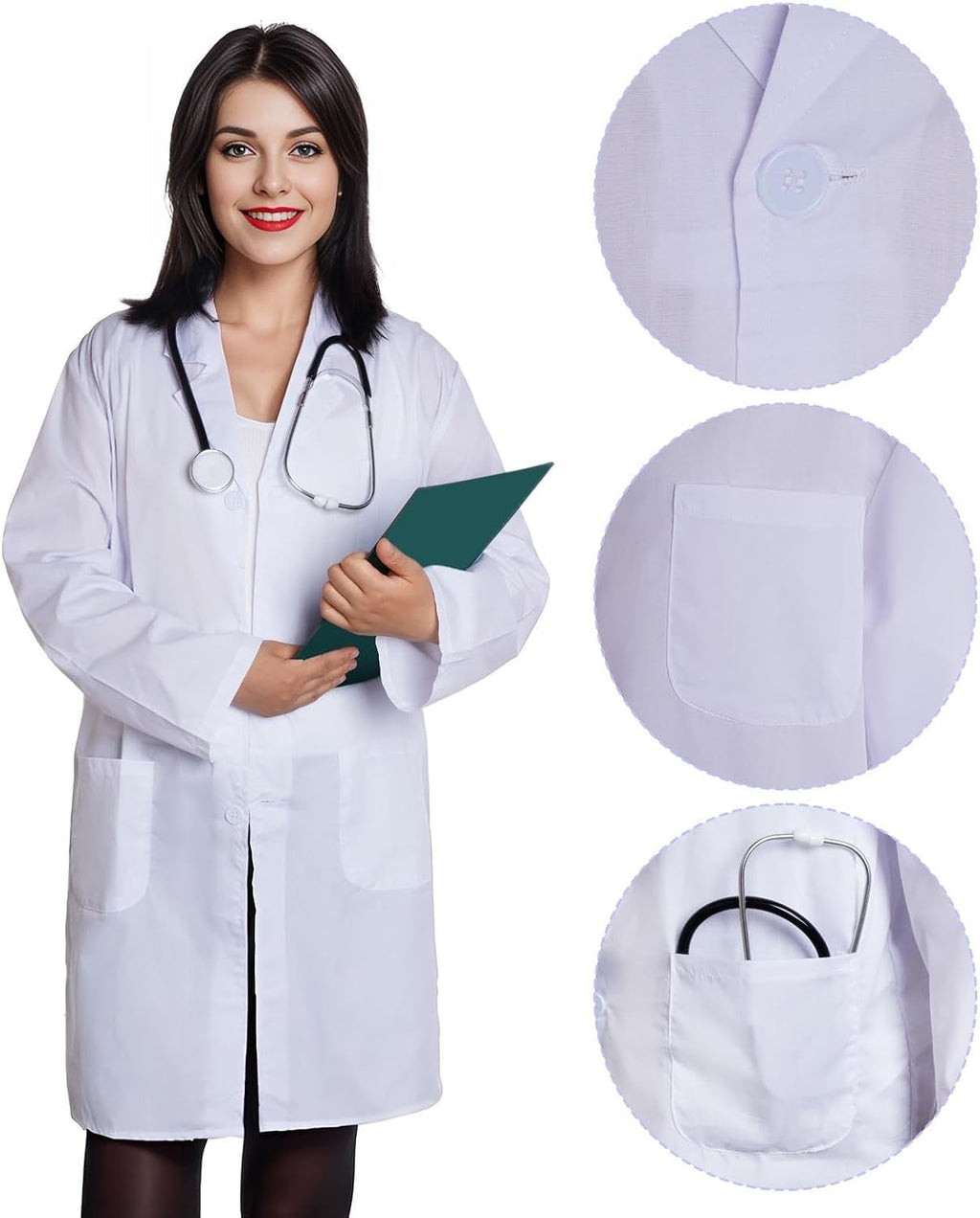 Scientist Doctor Costume Lab Coat Women Men Halloween White Long Flat Sleeve Lab Coats Accessories with Stethoscope