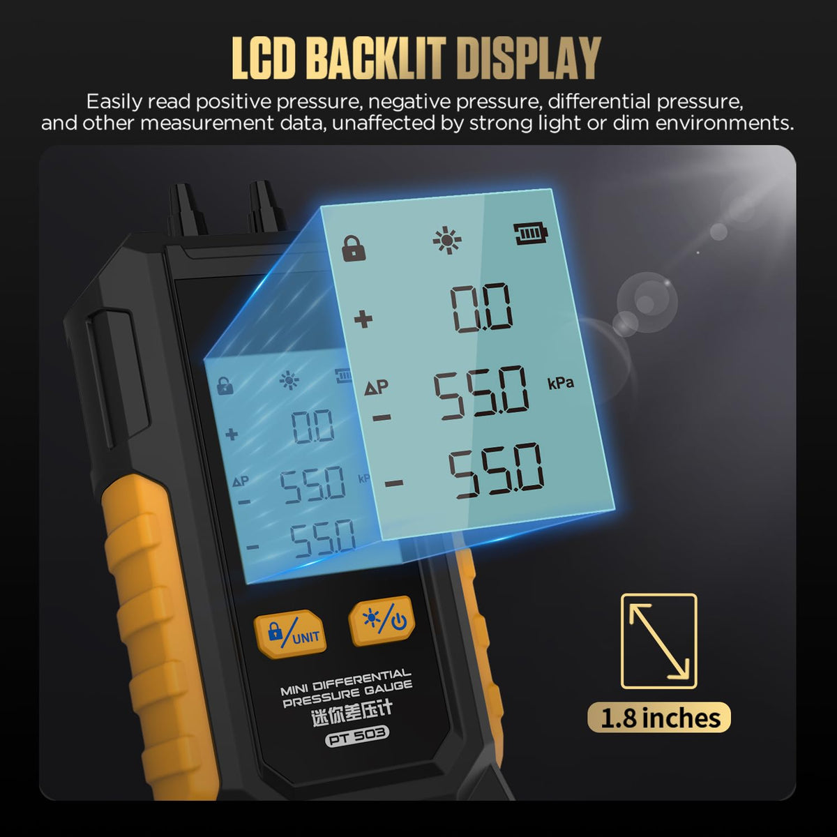 PT503 Mini Digital Manometer Dual Port Gas Pressure Tester