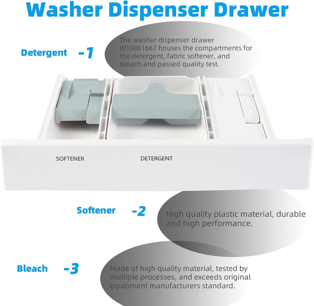 W10861667 W10794820 W10601851 Washer Dispenser Drawer Assembly Compatible with Whirlpool Maytag Washers Appliance Drawer Replacement Part, White