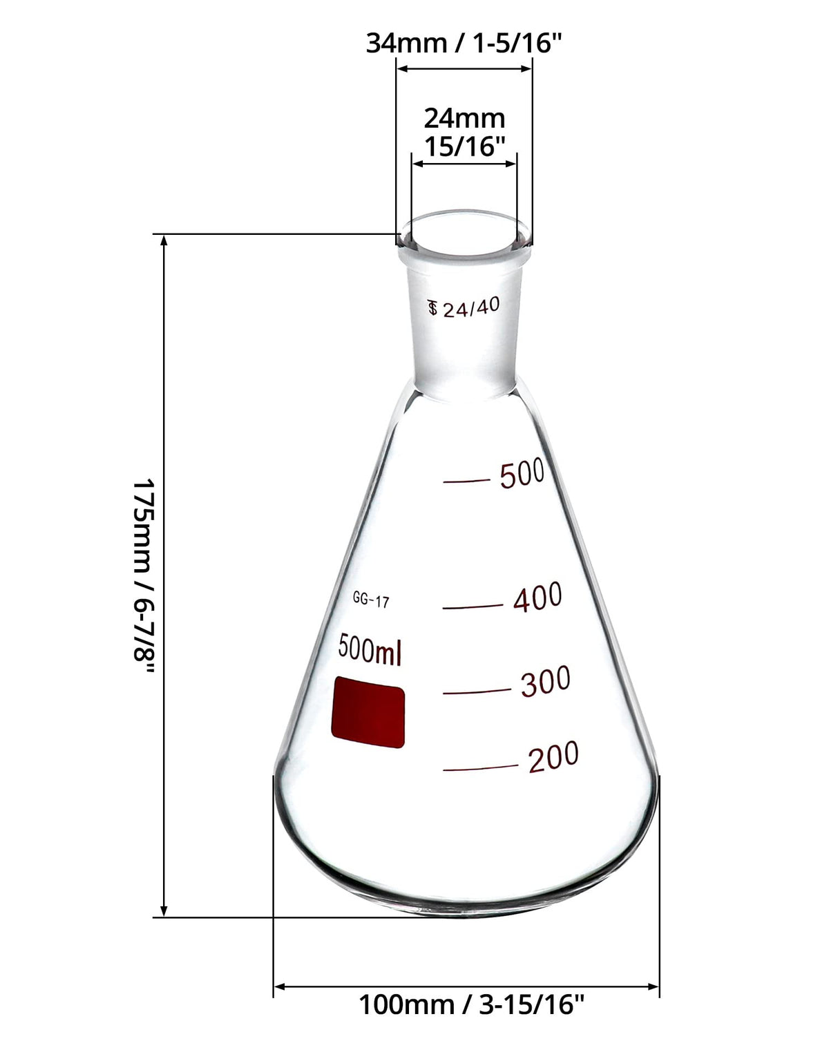 500 mL Borosilicate Glass Erlenmeyer Flask, Thick Wall Flask with 24/40 Outer Joint