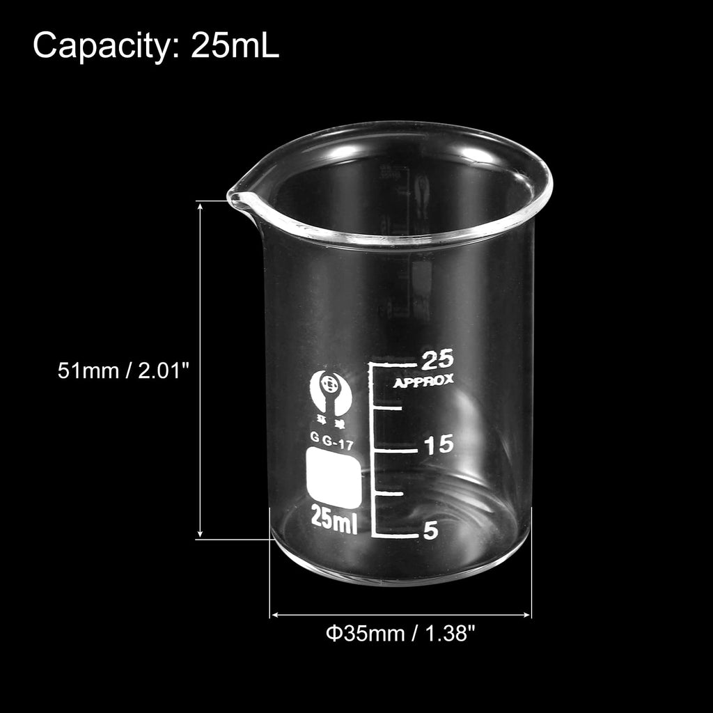 3Pcs 25ml Low Form Glass Beaker, 3.3 Borosilicate Glass Graduated Printed Scale Measuring Cups with Spout for Kitchen