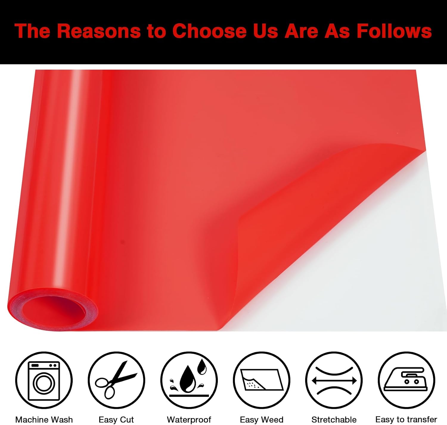 Red PU HTV Heat Transfer Vinyl Roll 12 in x 10 ft Iron on Vinyl for T Shirts Crafts - Easy to Cut & Weed for Heat