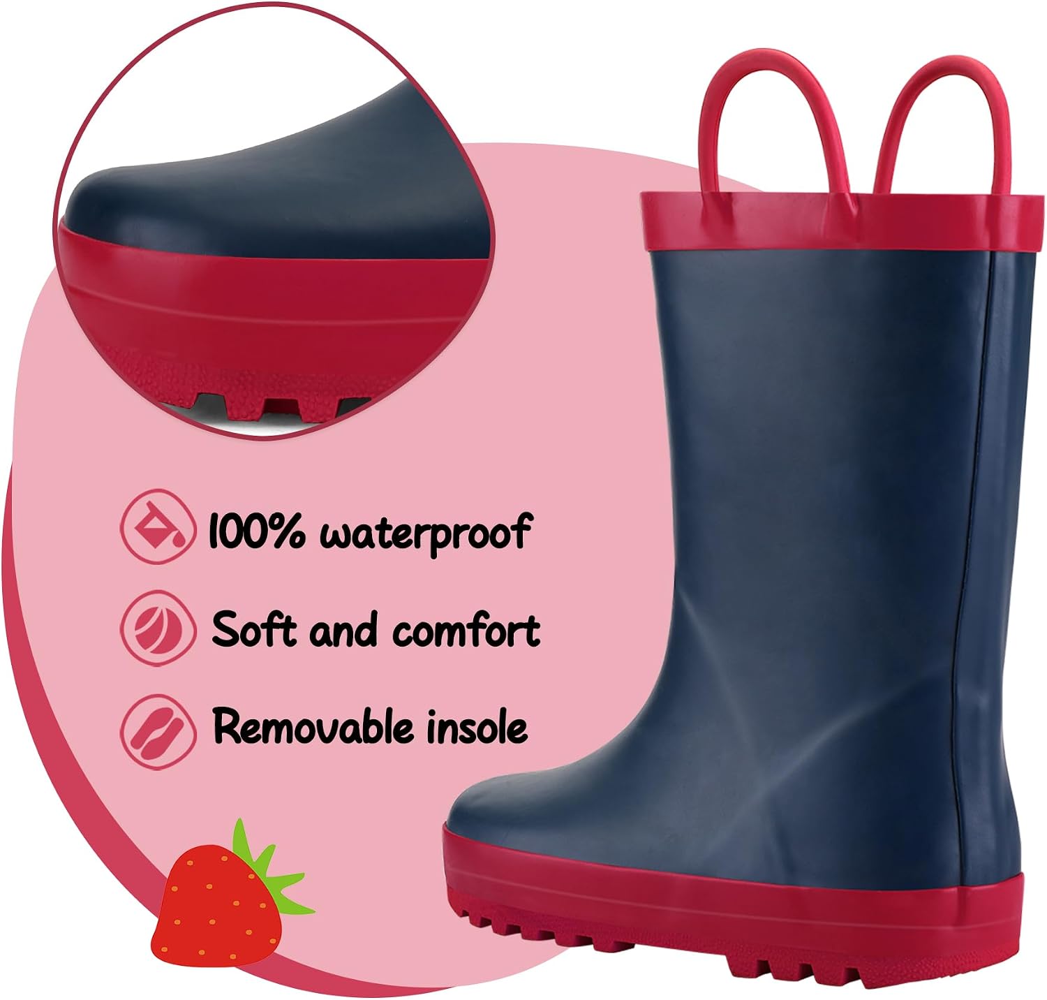 Kids Rain Boots Waterproof Printed Rubber boots with Handles | Slip on, Double Handles,Slip Resistant