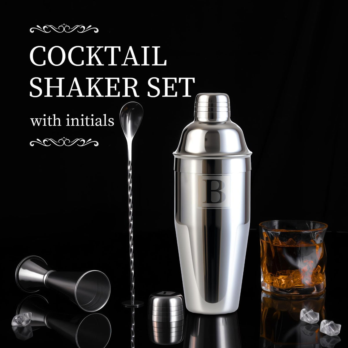 24oz Cocktail Shaker Set with 1 oz 2oz Jigger - Monogramm Initials Martini Shaker Set - 304 Stainless Steel Bar