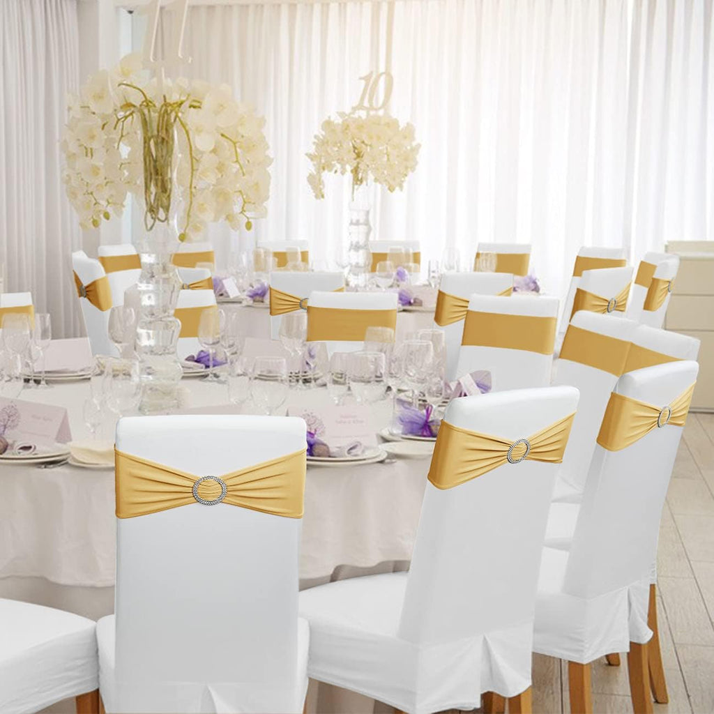 50PCS Spandex Chair Sashes Bows with Buckle for Wedding Deco, Gold