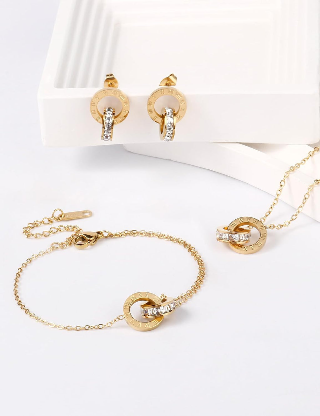 Dainty Necklace Bracelet Earrings Set for Women Gold Silver Rose Gold Diamond Interlocking Circle Jewelry Set for