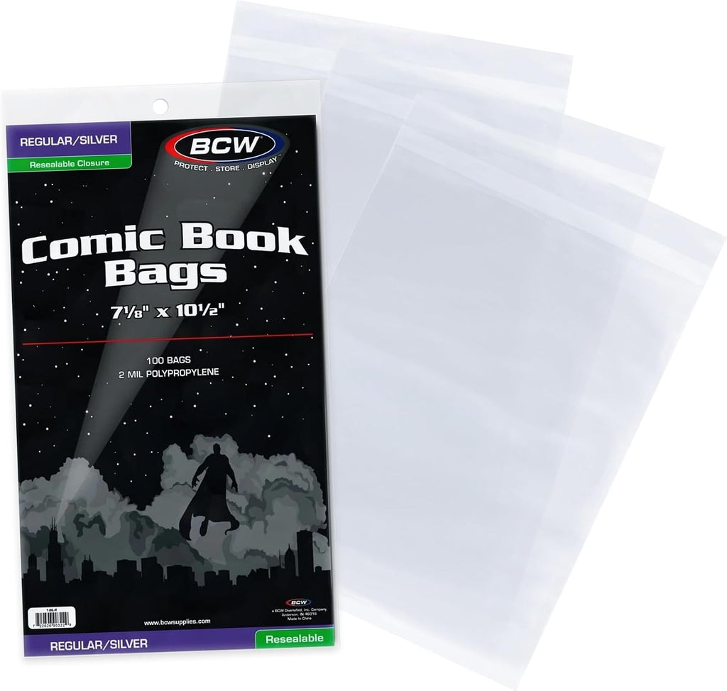 Resealable Silver Age Comic Bags, Acid-Free, 7 1/8 x 10 1/2, 100 Count | Clear acid-free sleeves fit Silver and