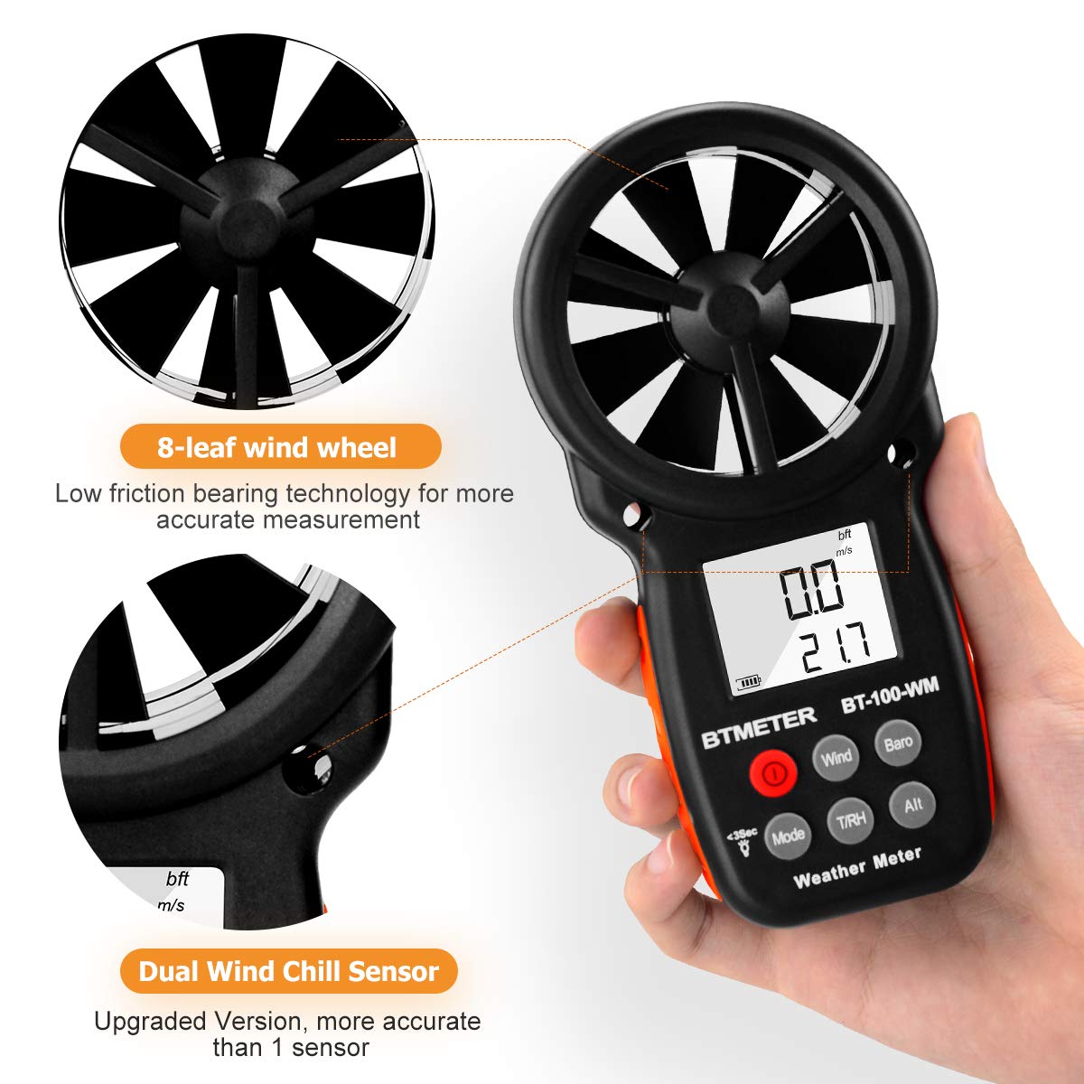 BTMETER BT-100WM Handheld Anemometer, Wind Speed Meter, Digital Barometer