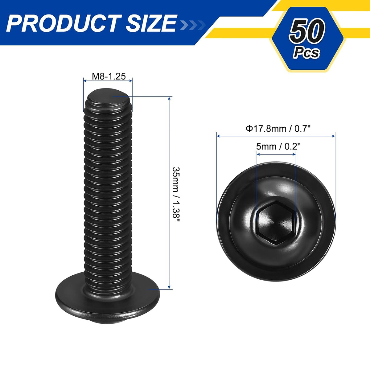 50pcs M8-1.25x35mm 304 SS Flanged Button Head Socket Cap Screws